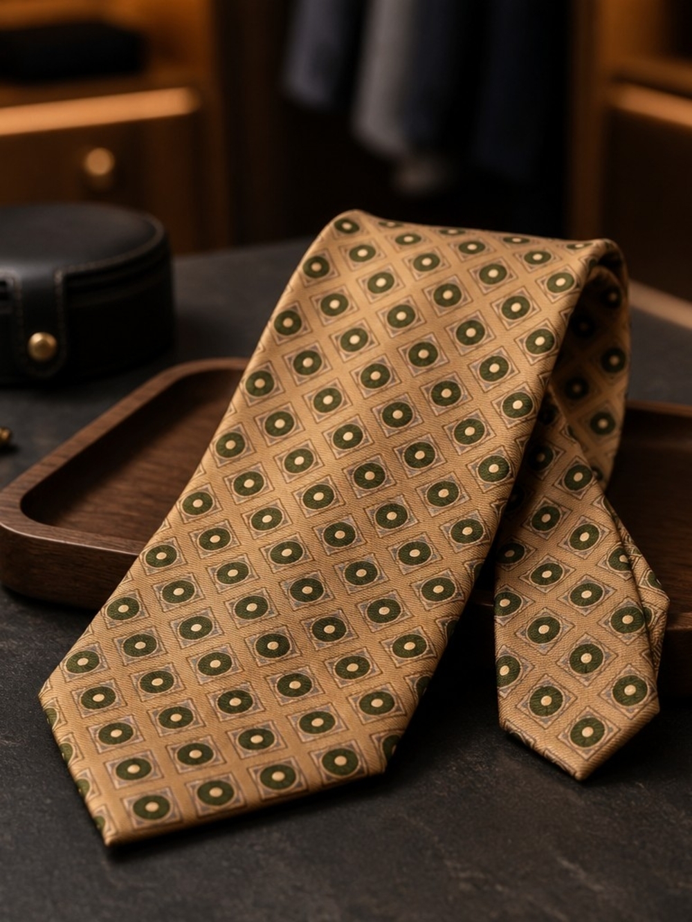 Sakowitz Men's Tan Silk Tie with Green Geometric Medallions (1065)